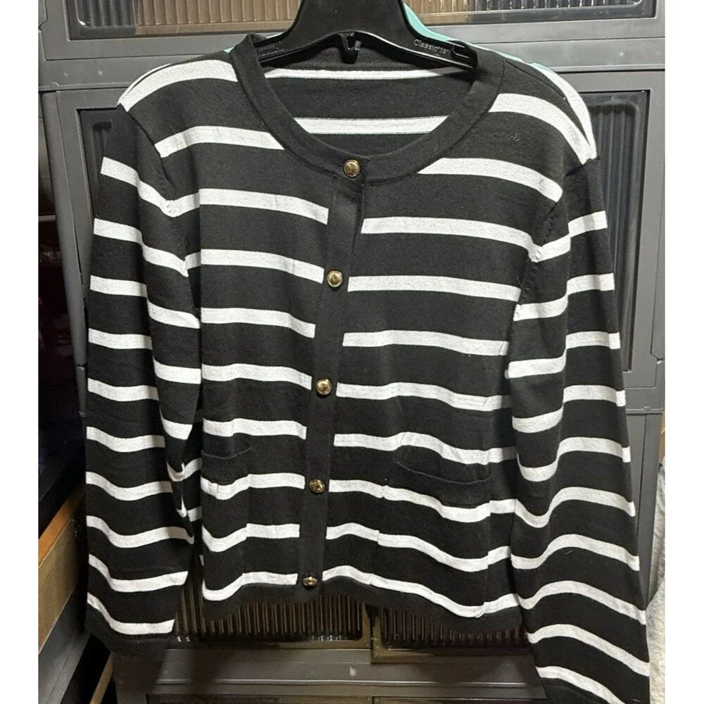 Women's XXL Black White Striped Cardigan Sweater Button Front Knit NWT